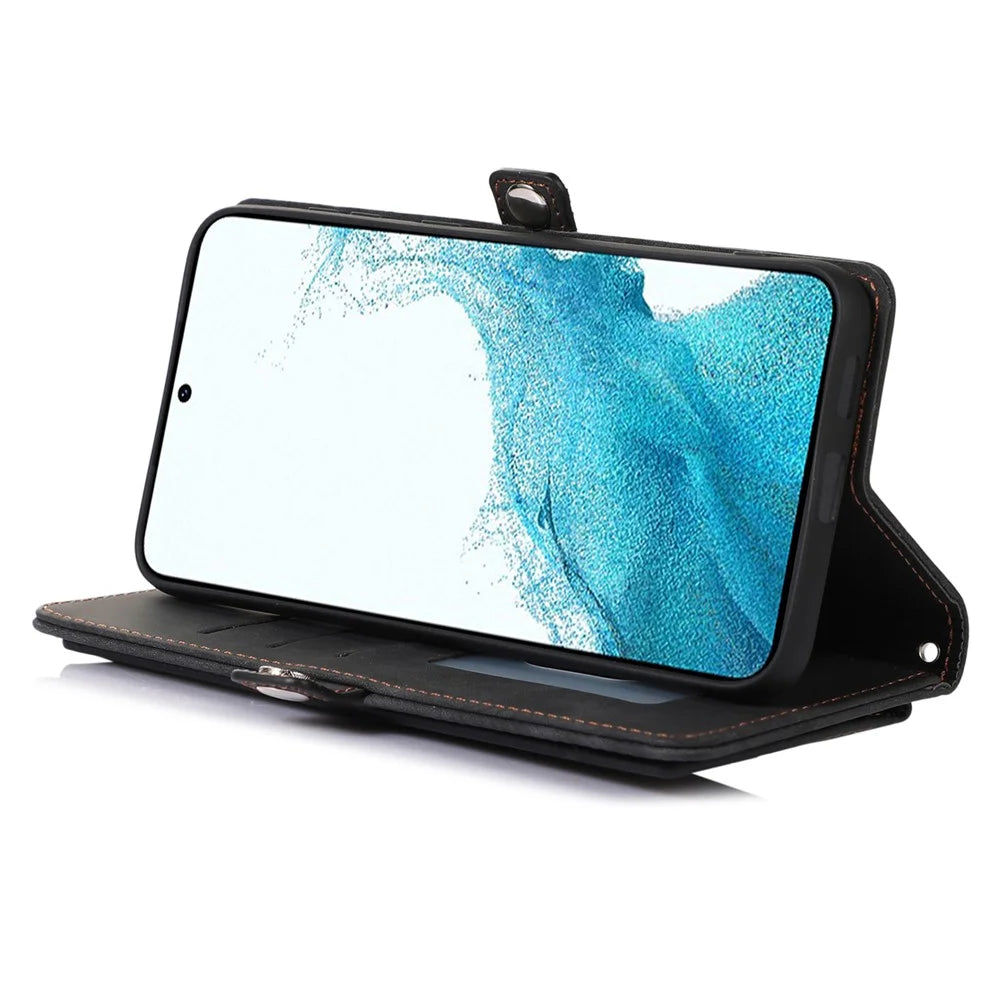 For Samsung Galaxy S23 Zipper Pocket Wallet 9 Card Slots Multifunctional Phone Case PU Leather Stand Phone Cover with Wrist Strap - Black - 3