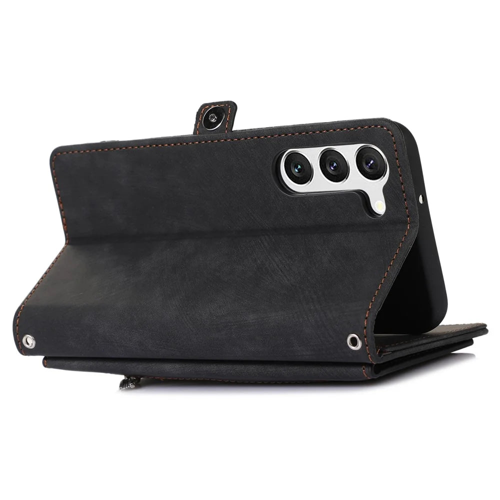 For Samsung Galaxy S23 Zipper Pocket Wallet 9 Card Slots Multifunctional Phone Case PU Leather Stand Phone Cover with Wrist Strap - Black - 4