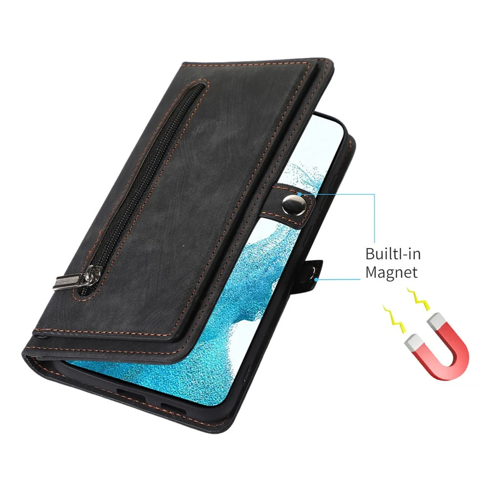 For Samsung Galaxy S23 Zipper Pocket Wallet 9 Card Slots Multifunctional Phone Case PU Leather Stand Phone Cover with Wrist Strap - Black - 5