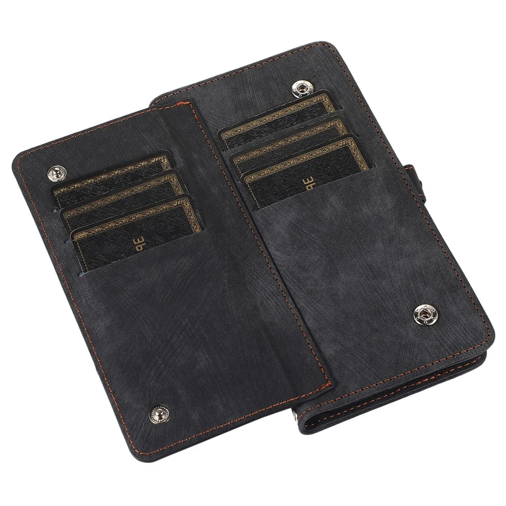 For Samsung Galaxy S23 Zipper Pocket Wallet 9 Card Slots Multifunctional Phone Case PU Leather Stand Phone Cover with Wrist Strap - Black - 6