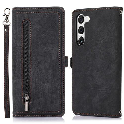 For Samsung Galaxy S23+ Zipper Pocket Wallet Magnetic Clasp Case 9 Card Slots Stand PU Leather Phone Cover with Wrist Strap - Black - 1