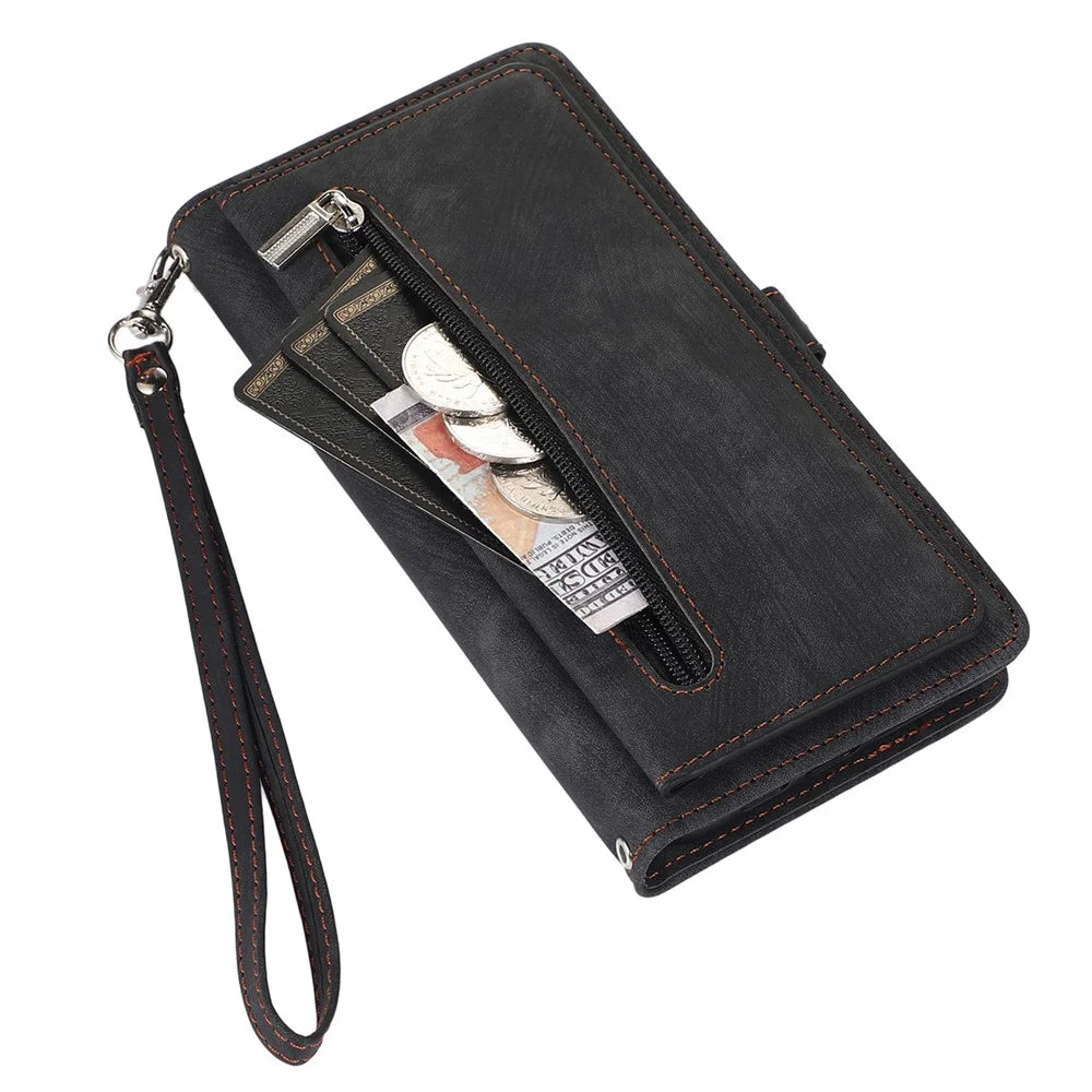 For Samsung Galaxy S23+ Zipper Pocket Wallet Magnetic Clasp Case 9 Card Slots Stand PU Leather Phone Cover with Wrist Strap - Black - 7