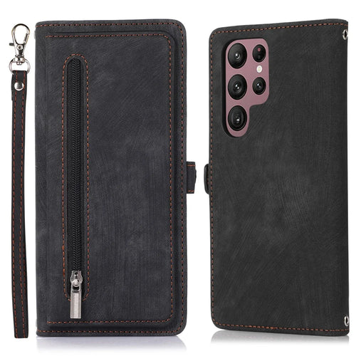 For Samsung Galaxy S23 Ultra Zipper Pocket Wallet Phone Case 9 Card Slots PU Leather Shockproof Stand Cover with Wrist Strap - Black - 1