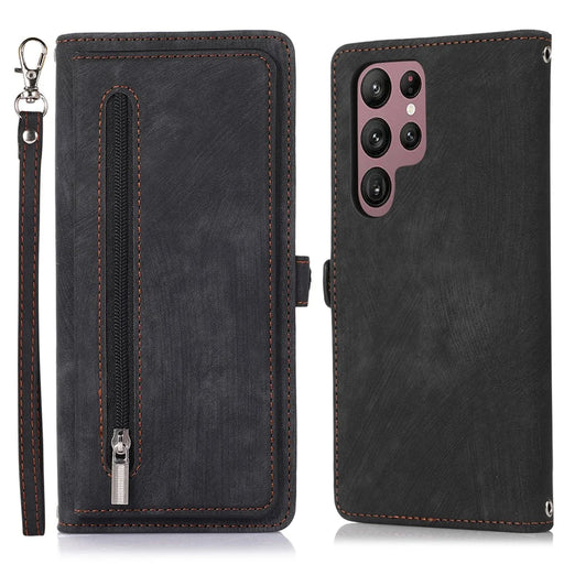 For Samsung Galaxy S23 Ultra Zipper Pocket Wallet Phone Case 9 Card Slots PU Leather Shockproof Stand Cover with Wrist Strap - Black - 1