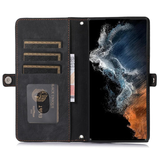 For Samsung Galaxy S23 Ultra Zipper Pocket Wallet Phone Case 9 Card Slots PU Leather Shockproof Stand Cover with Wrist Strap - Black - 2