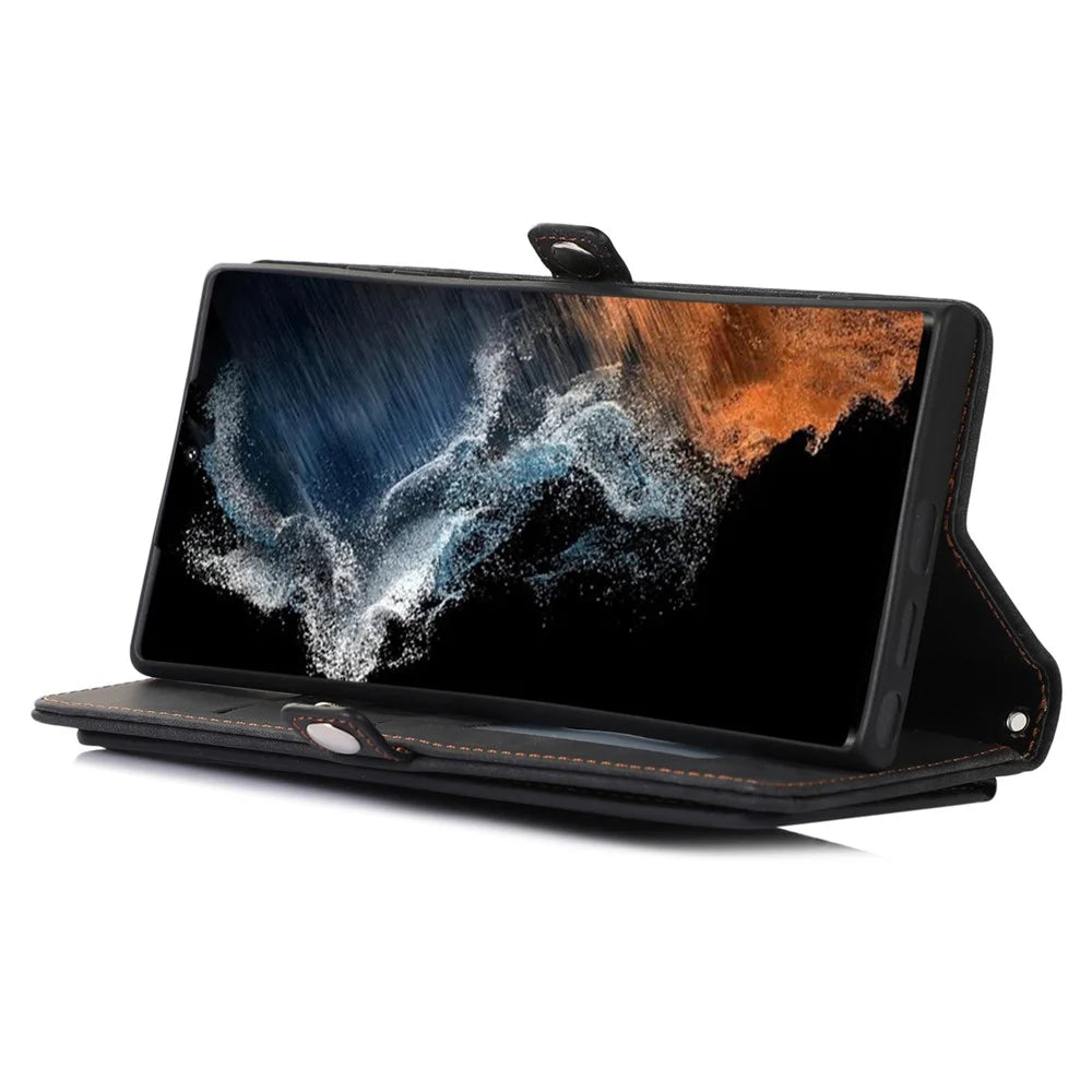 For Samsung Galaxy S23 Ultra Zipper Pocket Wallet Phone Case 9 Card Slots PU Leather Shockproof Stand Cover with Wrist Strap - Black - 3