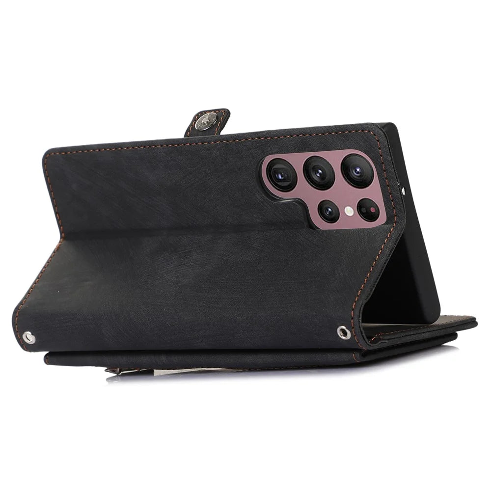 For Samsung Galaxy S23 Ultra Zipper Pocket Wallet Phone Case 9 Card Slots PU Leather Shockproof Stand Cover with Wrist Strap - Black - 4