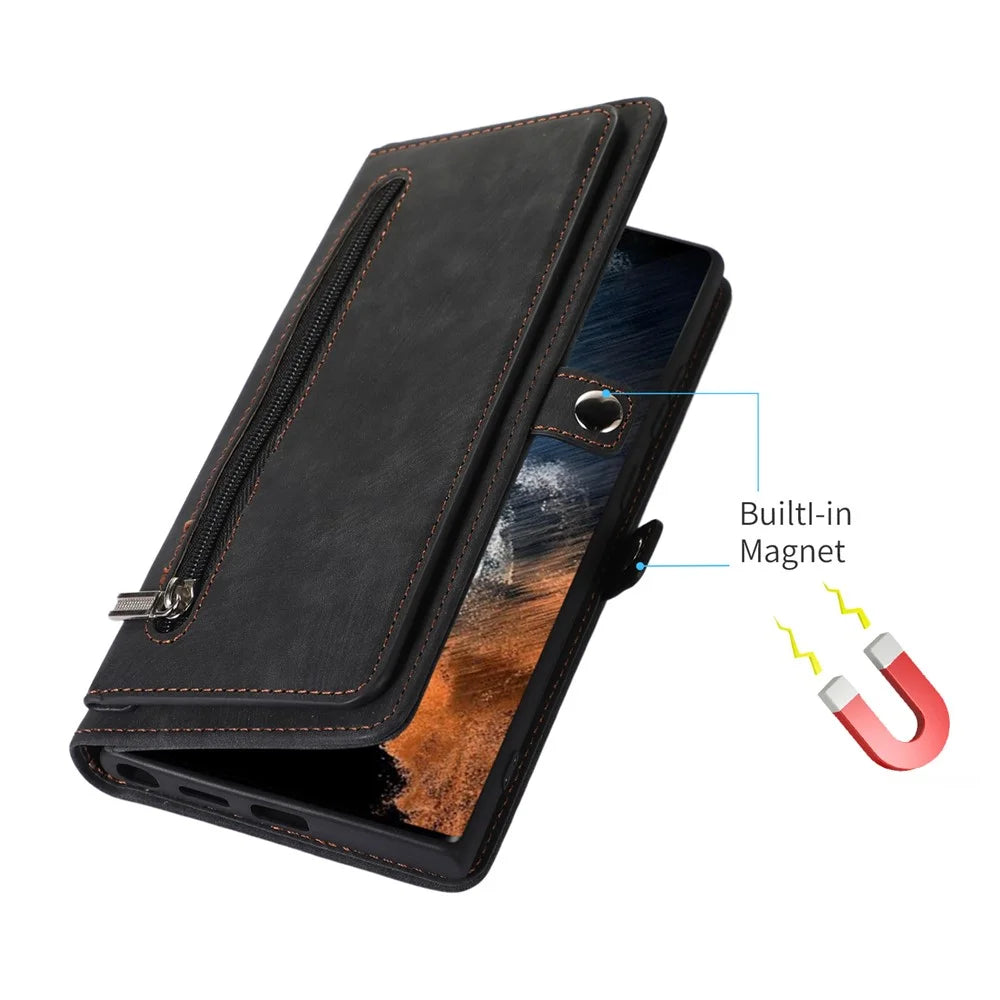 For Samsung Galaxy S23 Ultra Zipper Pocket Wallet Phone Case 9 Card Slots PU Leather Shockproof Stand Cover with Wrist Strap - Black - 5
