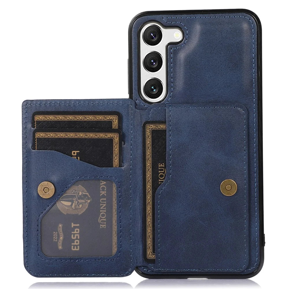 For Samsung Galaxy S23 Card Slots PU Leather Coated TPU Case Kickstand Phone Cover with Car Mount Metal Sheet - Blue - 1
