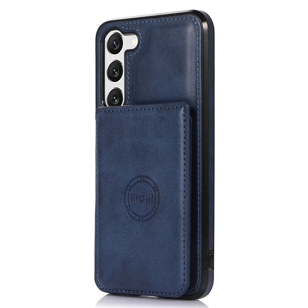 For Samsung Galaxy S23 Card Slots PU Leather Coated TPU Case Kickstand Phone Cover with Car Mount Metal Sheet - Blue - 2