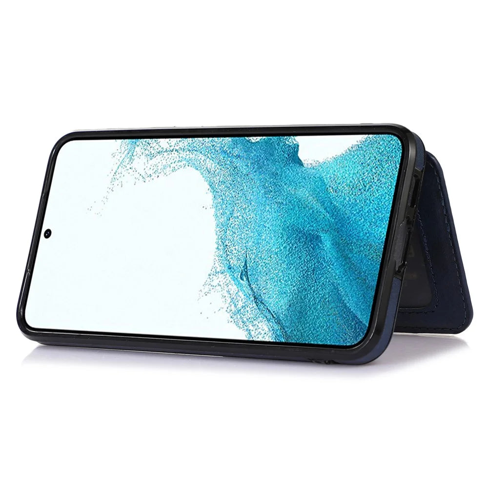 For Samsung Galaxy S23 Card Slots PU Leather Coated TPU Case Kickstand Phone Cover with Car Mount Metal Sheet - Blue - 4