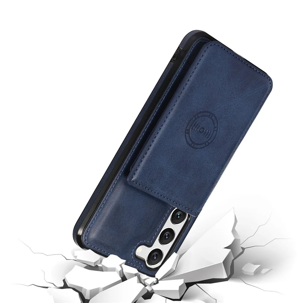 For Samsung Galaxy S23 Card Slots PU Leather Coated TPU Case Kickstand Phone Cover with Car Mount Metal Sheet - Blue - 5