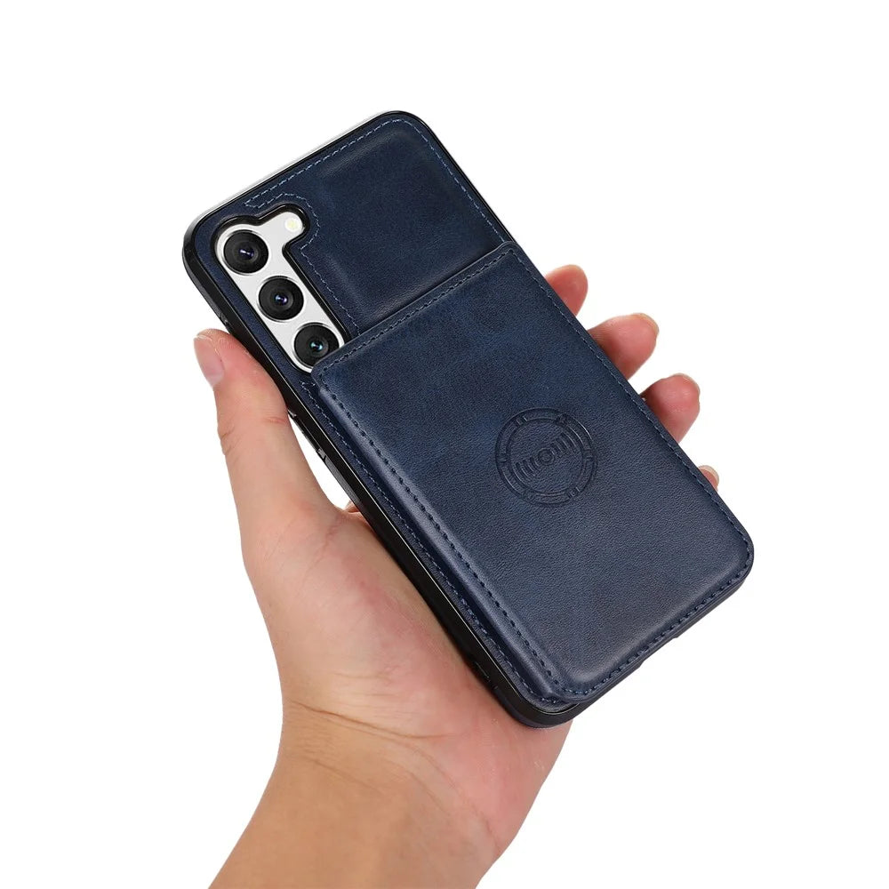 For Samsung Galaxy S23 Card Slots PU Leather Coated TPU Case Kickstand Phone Cover with Car Mount Metal Sheet - Blue - 6