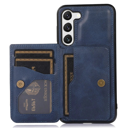 For Samsung Galaxy S23+ Card Holder Phone Case PU Leather Coated TPU Kickstand Back Cover with Car Mount Metal Sheet - Blue - 1