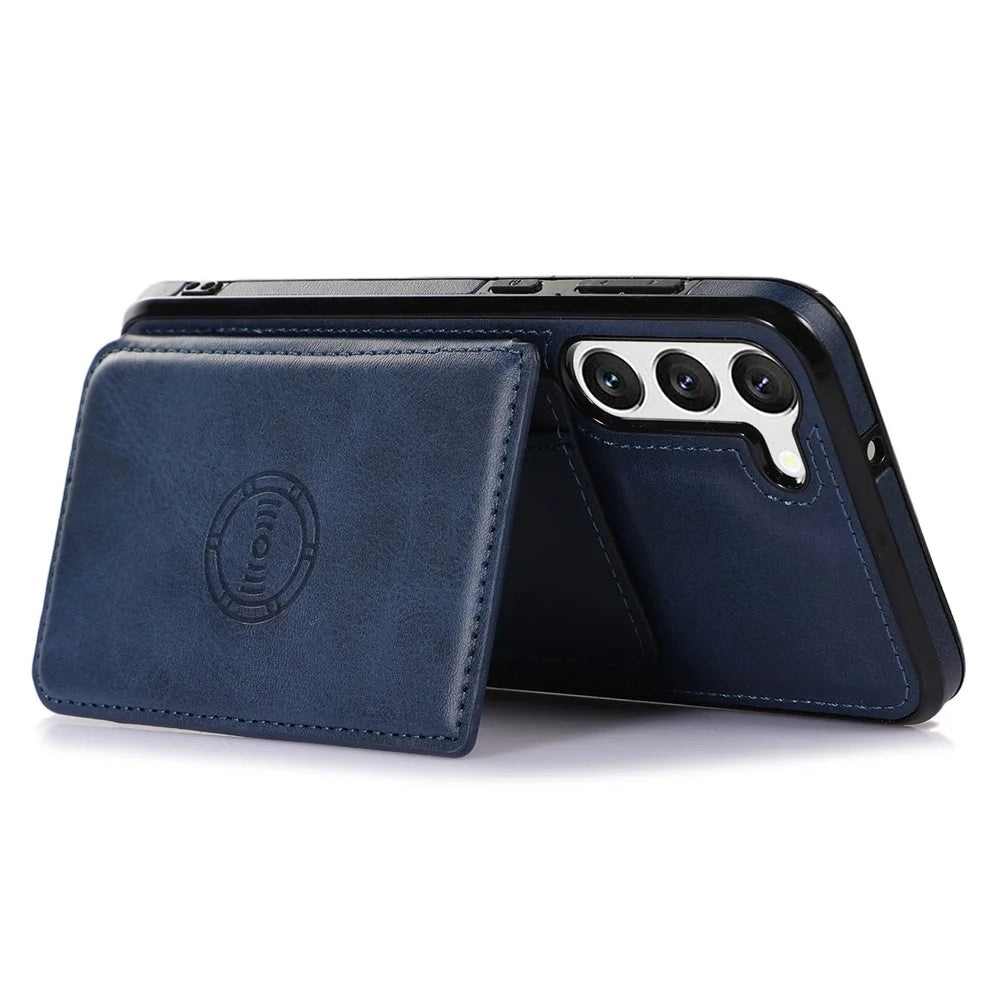 For Samsung Galaxy S23+ Card Holder Phone Case PU Leather Coated TPU Kickstand Back Cover with Car Mount Metal Sheet - Blue - 3