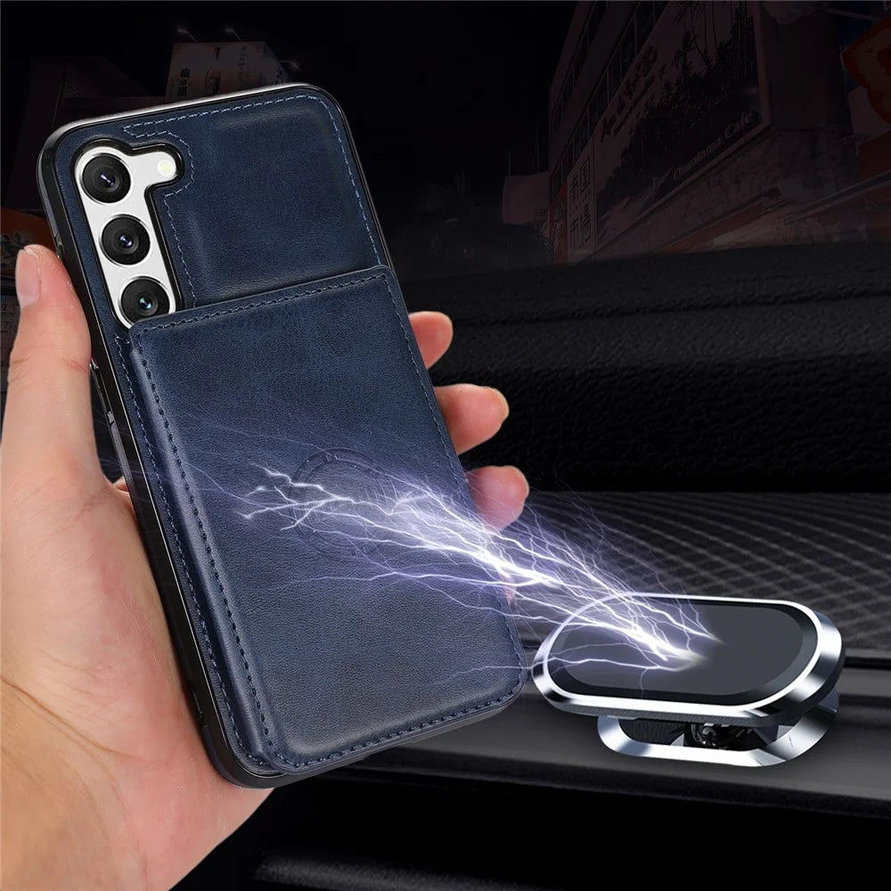 For Samsung Galaxy S23+ Card Holder Phone Case PU Leather Coated TPU Kickstand Back Cover with Car Mount Metal Sheet - Blue - 7