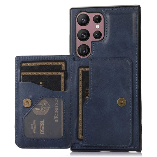 For Samsung Galaxy S23 Ultra PU Leather Coated TPU Case Card Holder Kickstand Anti-Drop Phone Cover with Car Mount Metal Sheet - Blue - 1