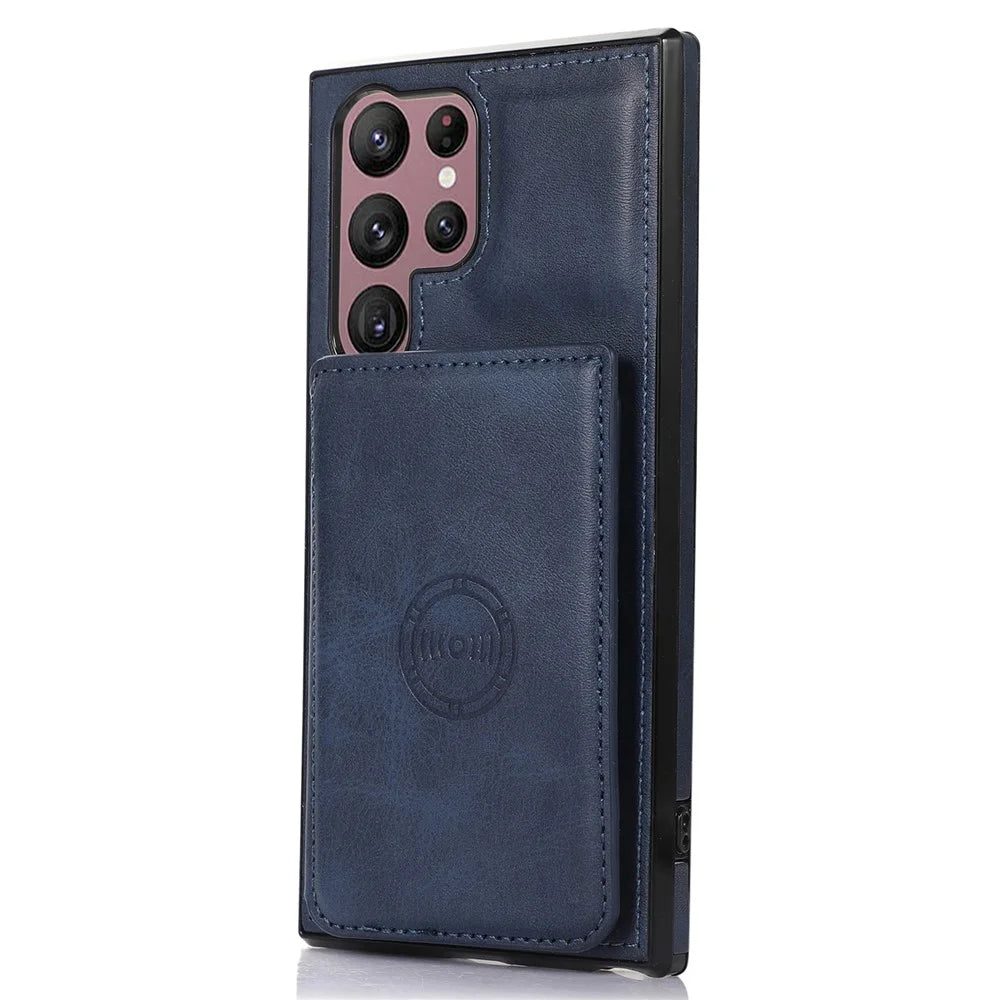 For Samsung Galaxy S23 Ultra PU Leather Coated TPU Case Card Holder Kickstand Anti-Drop Phone Cover with Car Mount Metal Sheet - Blue - 2