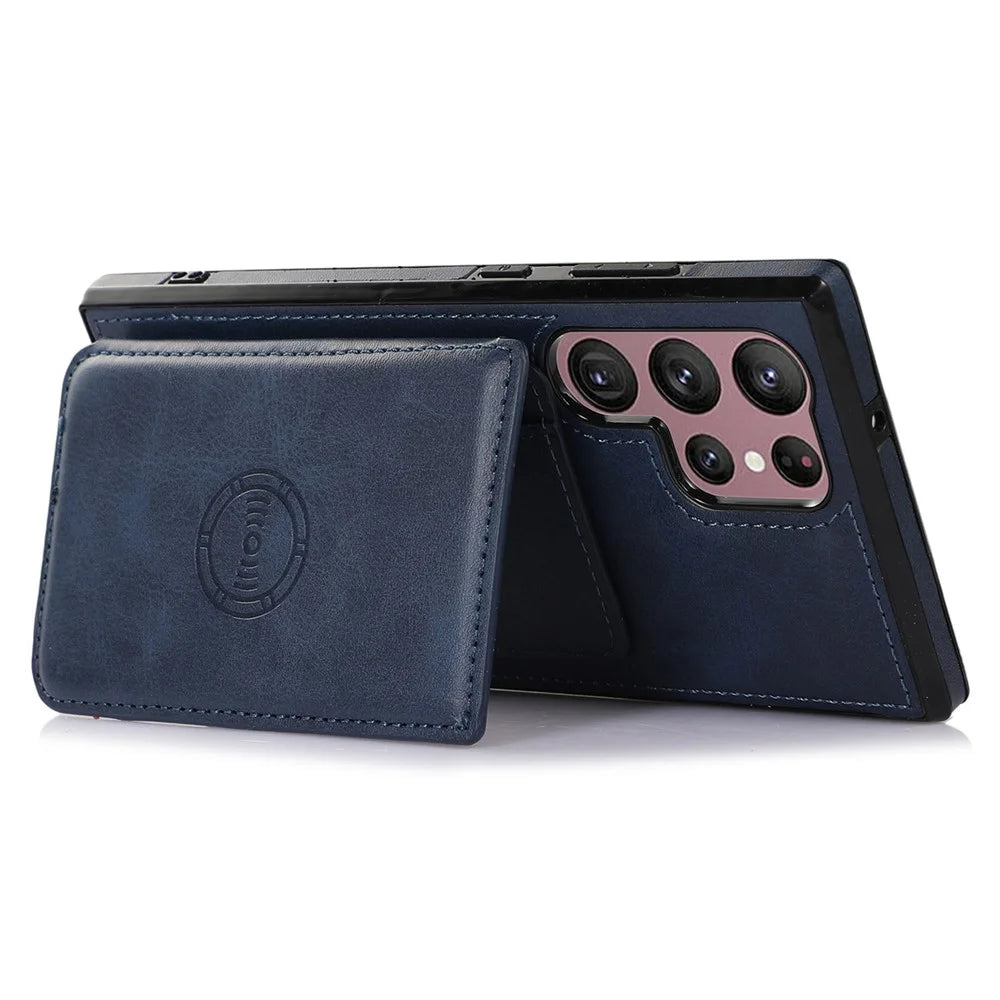 For Samsung Galaxy S23 Ultra PU Leather Coated TPU Case Card Holder Kickstand Anti-Drop Phone Cover with Car Mount Metal Sheet - Blue - 3