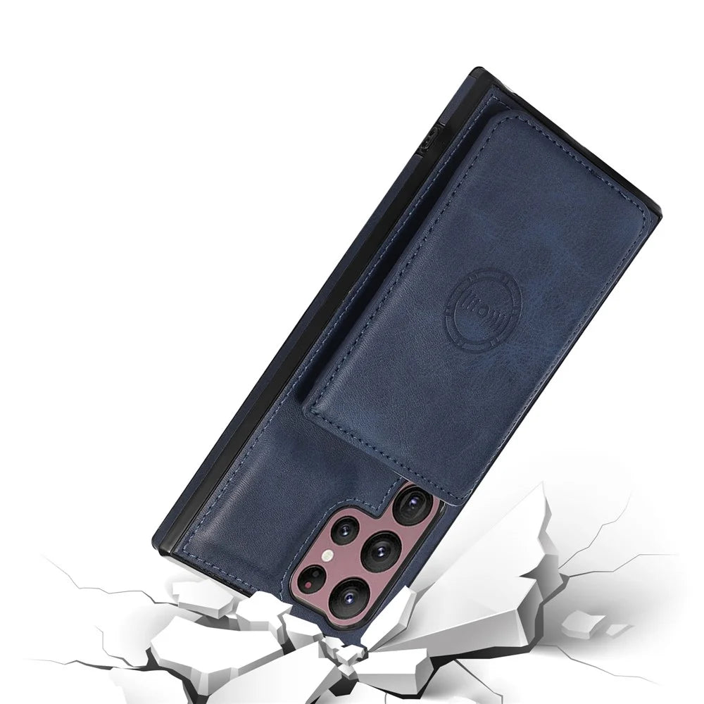 For Samsung Galaxy S23 Ultra PU Leather Coated TPU Case Card Holder Kickstand Anti-Drop Phone Cover with Car Mount Metal Sheet - Blue - 5