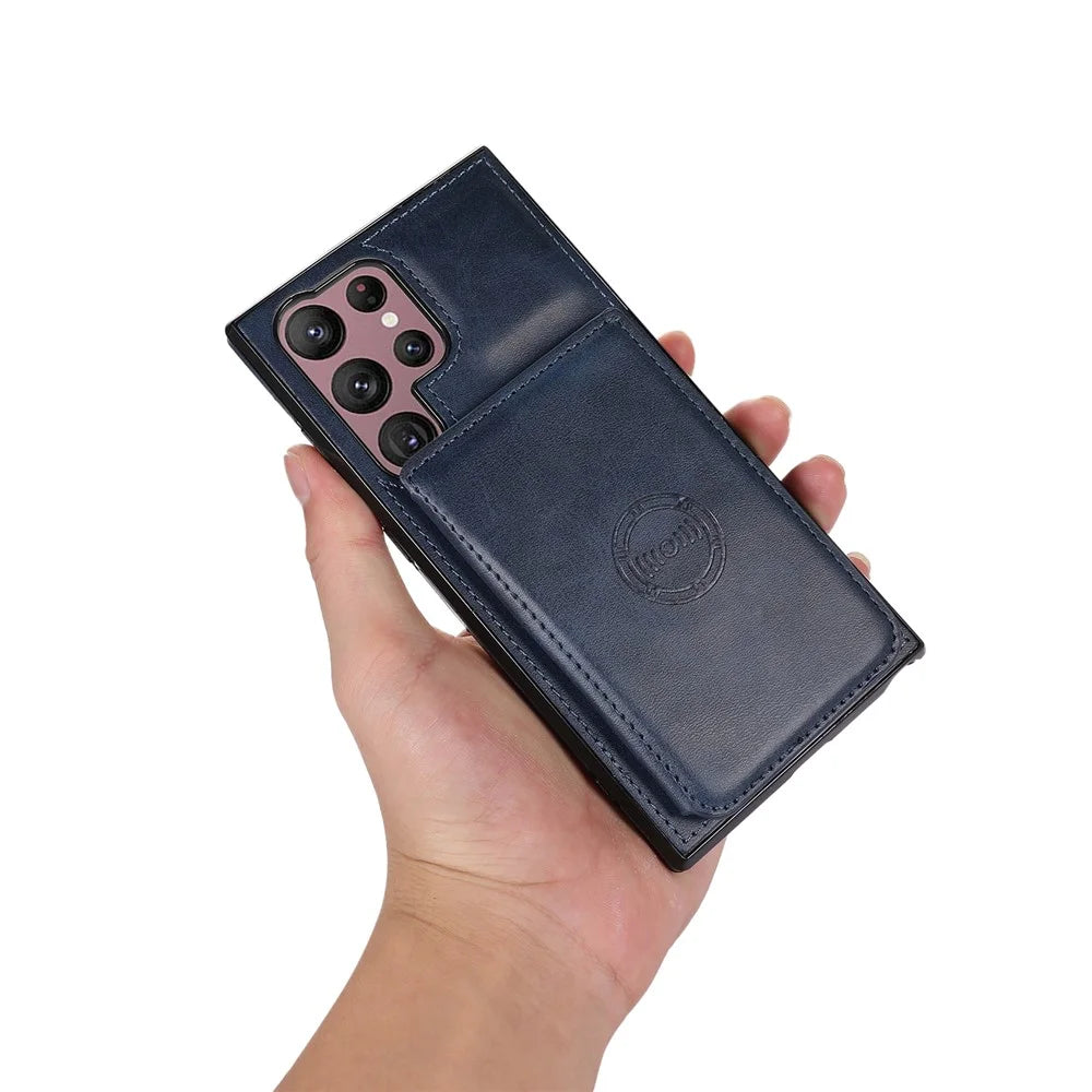 For Samsung Galaxy S23 Ultra PU Leather Coated TPU Case Card Holder Kickstand Anti-Drop Phone Cover with Car Mount Metal Sheet - Blue - 6