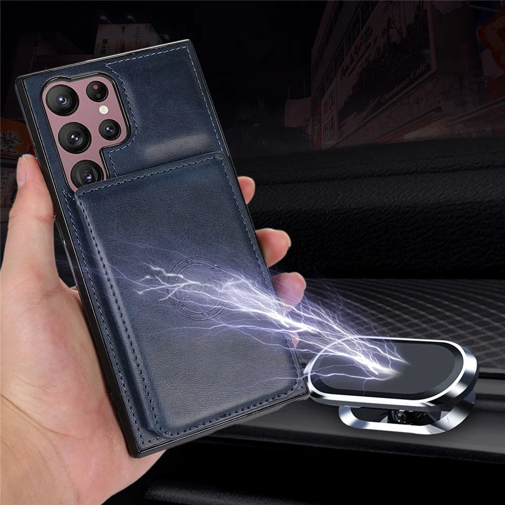 For Samsung Galaxy S23 Ultra PU Leather Coated TPU Case Card Holder Kickstand Anti-Drop Phone Cover with Car Mount Metal Sheet - Blue - 7