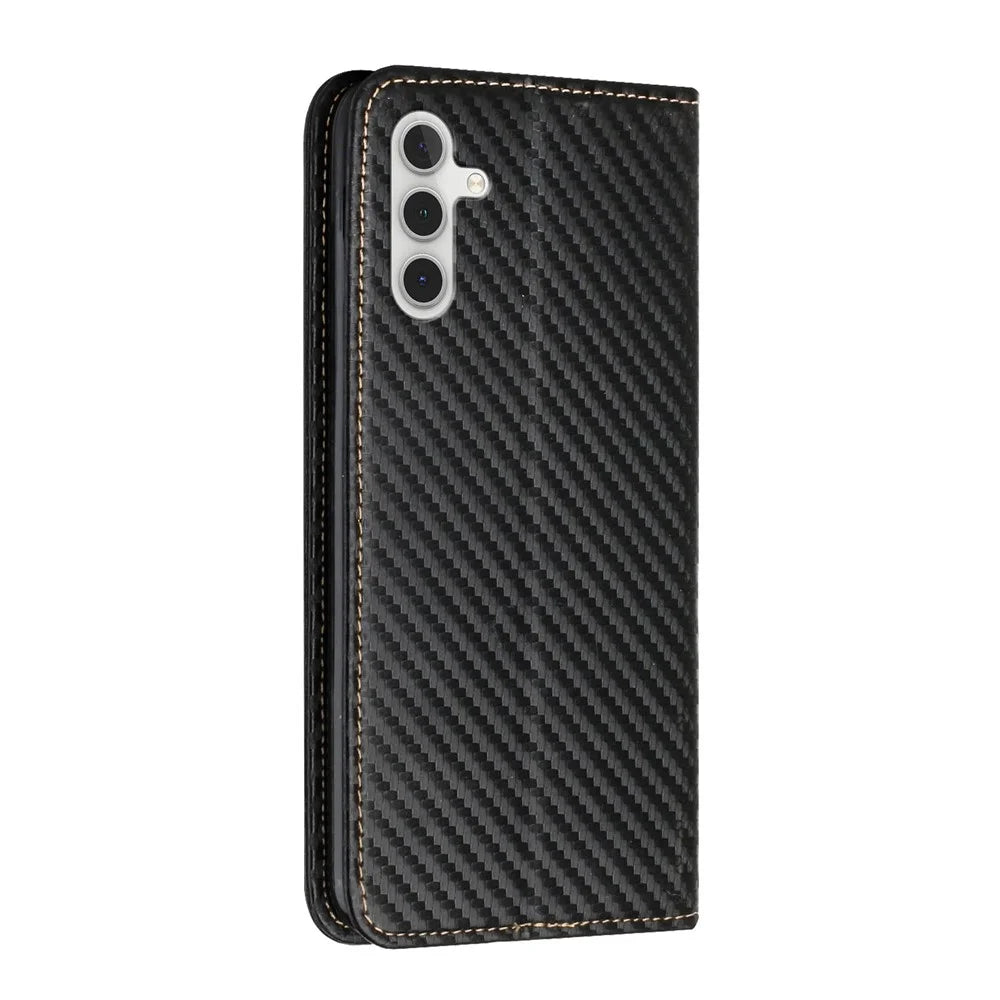 For Samsung Galaxy A54 5G Carbon Fiber Texture PU Leather Flip Wallet Case Magnetic Auto Closing Drop-proof Phone Cover Stand - Black - 6