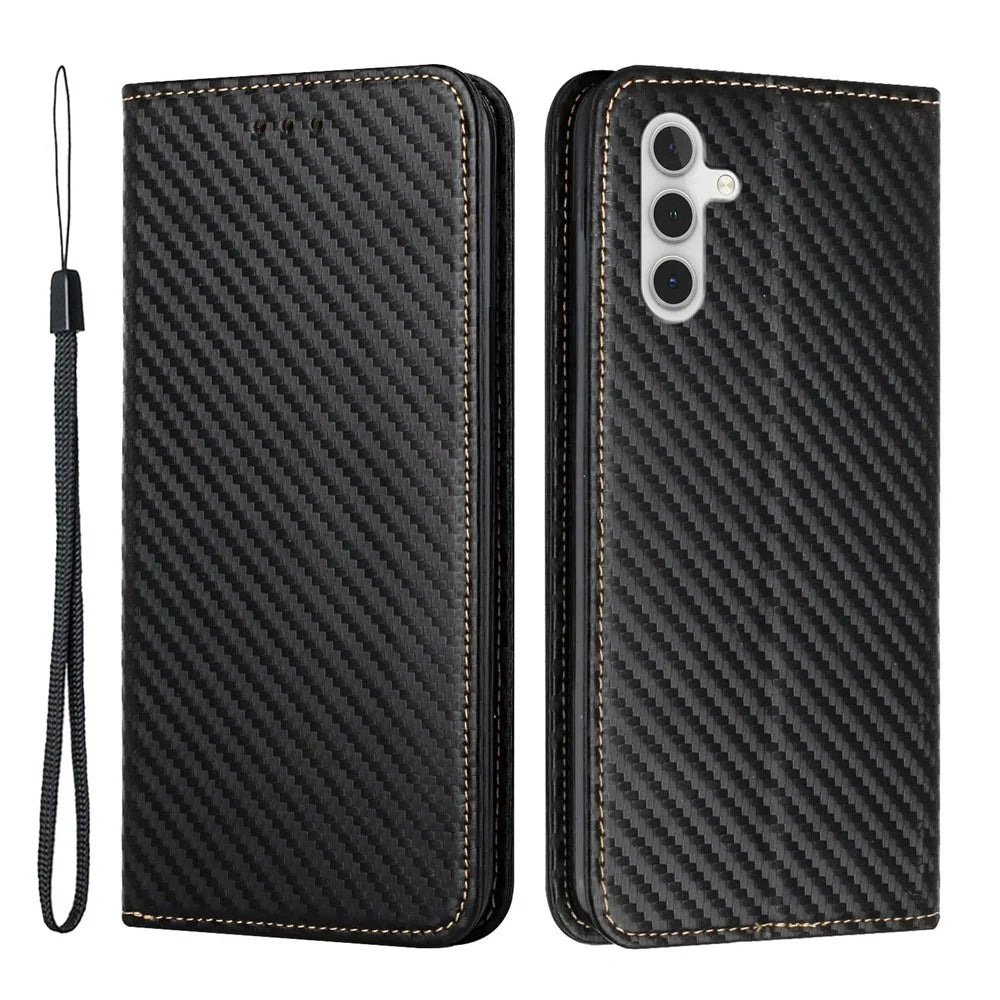 For Samsung Galaxy A34 5G Shockproof Carbon Fiber Texture Phone Cover Magnetic Auto Closing PU Leather Flip Wallet Case Stand - Black - 1