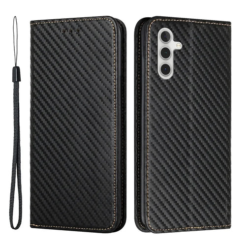 For Samsung Galaxy A34 5G Shockproof Carbon Fiber Texture Phone Cover Magnetic Auto Closing PU Leather Flip Wallet Case Stand - Black - 1