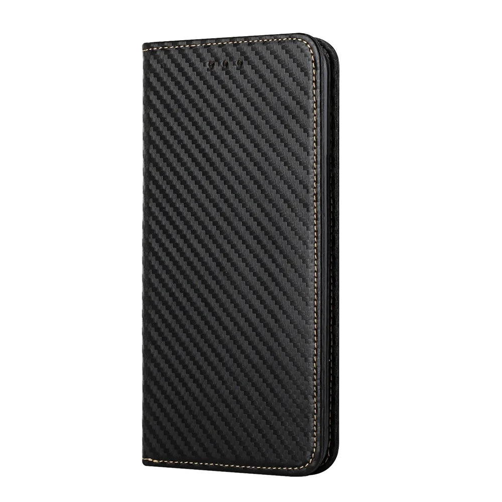 For Samsung Galaxy A34 5G Shockproof Carbon Fiber Texture Phone Cover Magnetic Auto Closing PU Leather Flip Wallet Case Stand - Black - 3