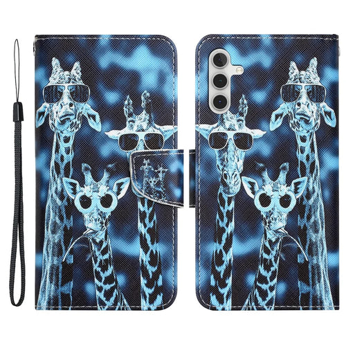For Samsung Galaxy A34 5G Cross Texture PU Leather Flip Protective Case Pattern Printing Magnetic Stand Wallet Cover with Strap - Giraffes - 1