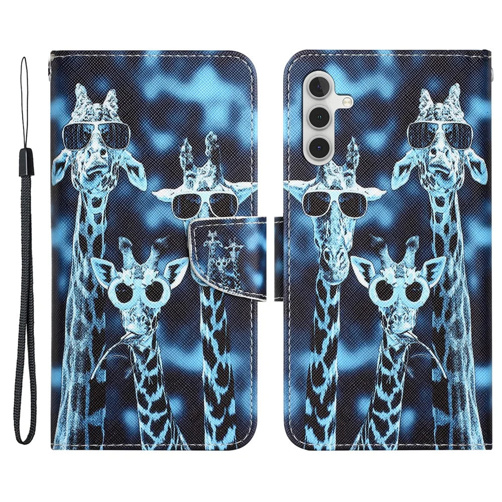 For Samsung Galaxy A34 5G Cross Texture PU Leather Flip Protective Case Pattern Printing Magnetic Stand Wallet Cover with Strap - Giraffes - 1