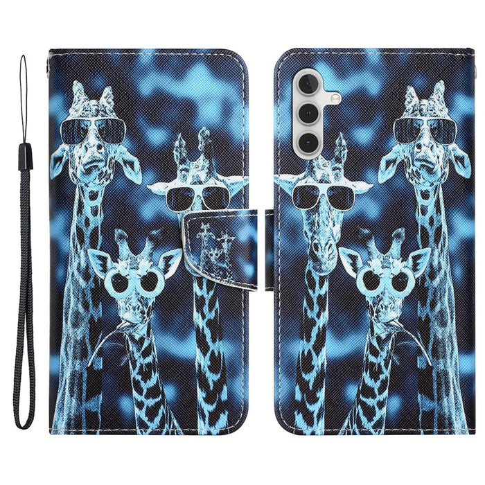 For Samsung Galaxy A34 5G Cross Texture PU Leather Flip Protective Case Pattern Printing Magnetic Stand Wallet Cover with Strap - Giraffes - 1