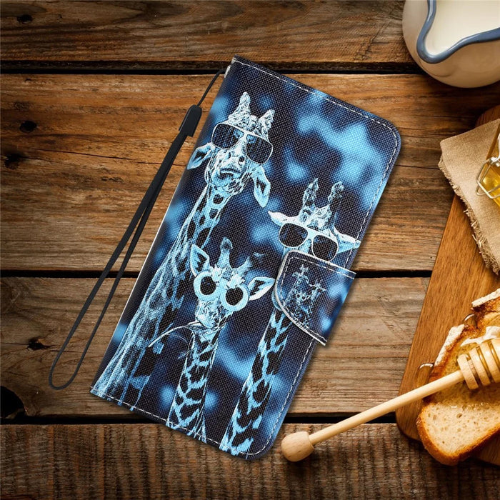 For Samsung Galaxy A34 5G Cross Texture PU Leather Flip Protective Case Pattern Printing Magnetic Stand Wallet Cover with Strap - Giraffes - 7