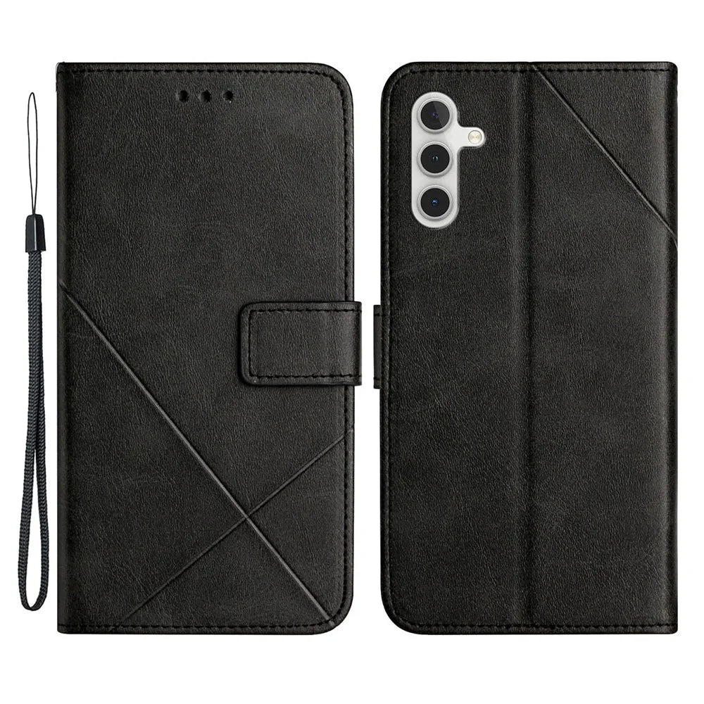 Drop-proof Phone Cover For Samsung Galaxy A34 5G, Line Imprinting Solid Color PU Leather Wallet Stand Protective Phone Case with Strap - Black - 1