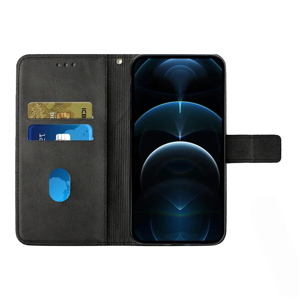 Drop-proof Phone Cover For Samsung Galaxy A34 5G, Line Imprinting Solid Color PU Leather Wallet Stand Protective Phone Case with Strap - Black - 6