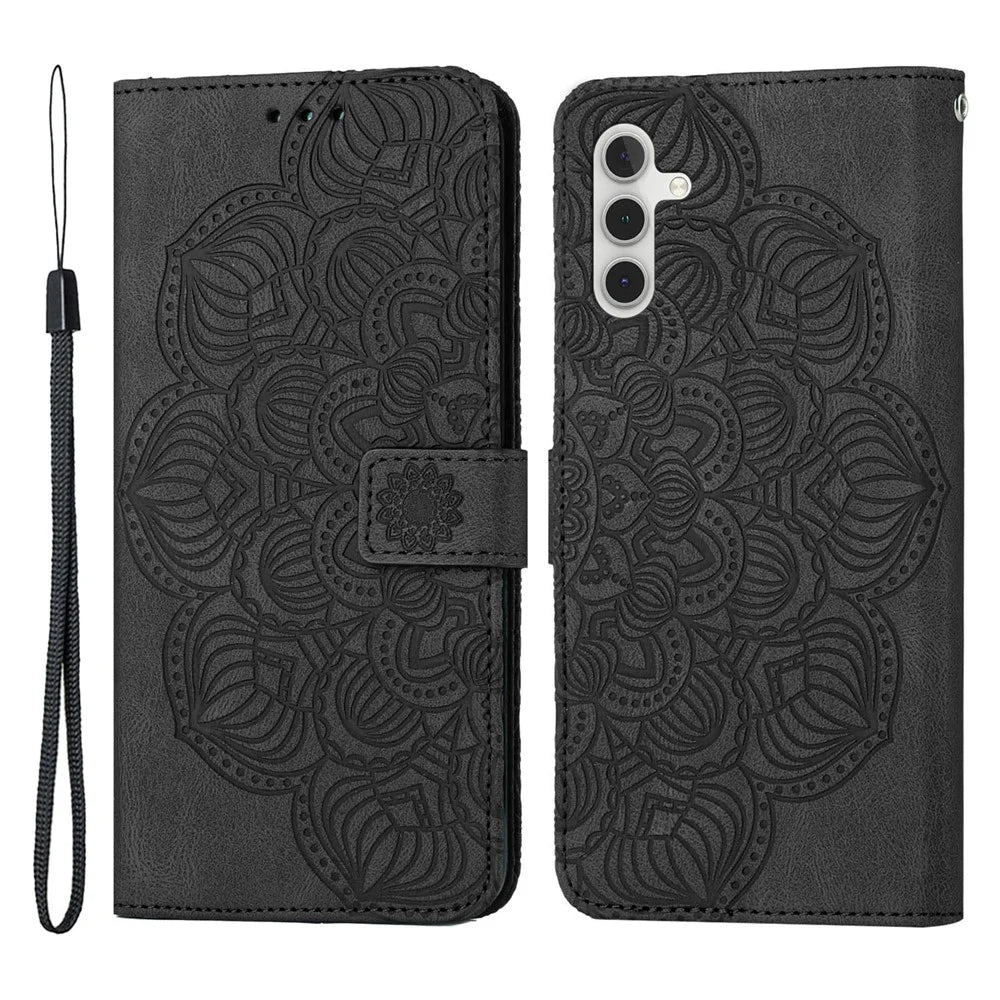 For Samsung Galaxy A34 5G Imprinted Mandala Flower Phone Flip Wallet Case Stand PU Leather Anti-scratch Cell Phone Cover - Black - 1