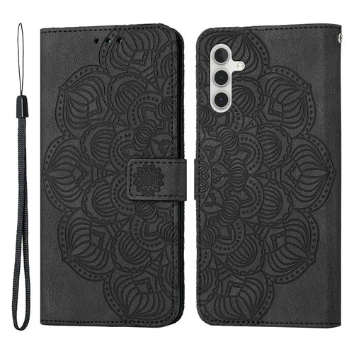 For Samsung Galaxy A34 5G Imprinted Mandala Flower Phone Flip Wallet Case Stand PU Leather Anti-scratch Cell Phone Cover - Black - 1