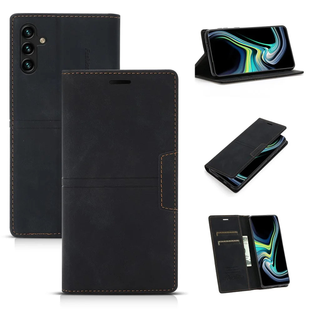 For Samsung Galaxy A34 5G Dustproof Magnetic Auto-absorbed Phone Case Stand Wallet PU Leather Coated TPU Cover - Black - 1