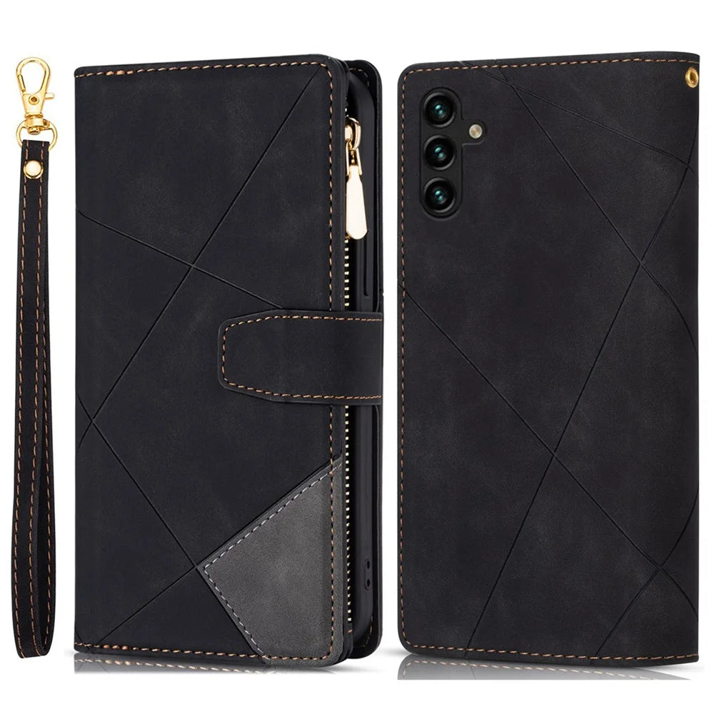 For Samsung Galaxy A34 5G Color Splicing PU Leather Wallet Case Imprinting Lines Zipper Pocket Stand Flip Phone Cover with Strap - Black - 1