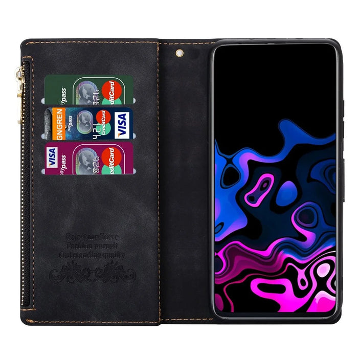 For Samsung Galaxy A34 5G Color Splicing PU Leather Wallet Case Imprinting Lines Zipper Pocket Stand Flip Phone Cover with Strap - Black - 2