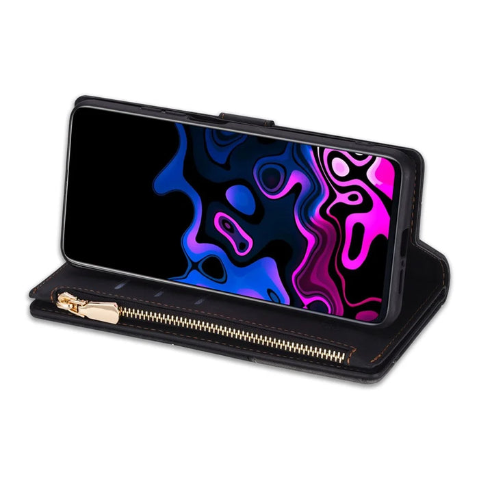 For Samsung Galaxy A34 5G Color Splicing PU Leather Wallet Case Imprinting Lines Zipper Pocket Stand Flip Phone Cover with Strap - Black - 3
