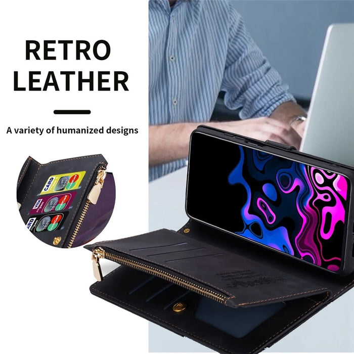 For Samsung Galaxy A34 5G Color Splicing PU Leather Wallet Case Imprinting Lines Zipper Pocket Stand Flip Phone Cover with Strap - Black - 6