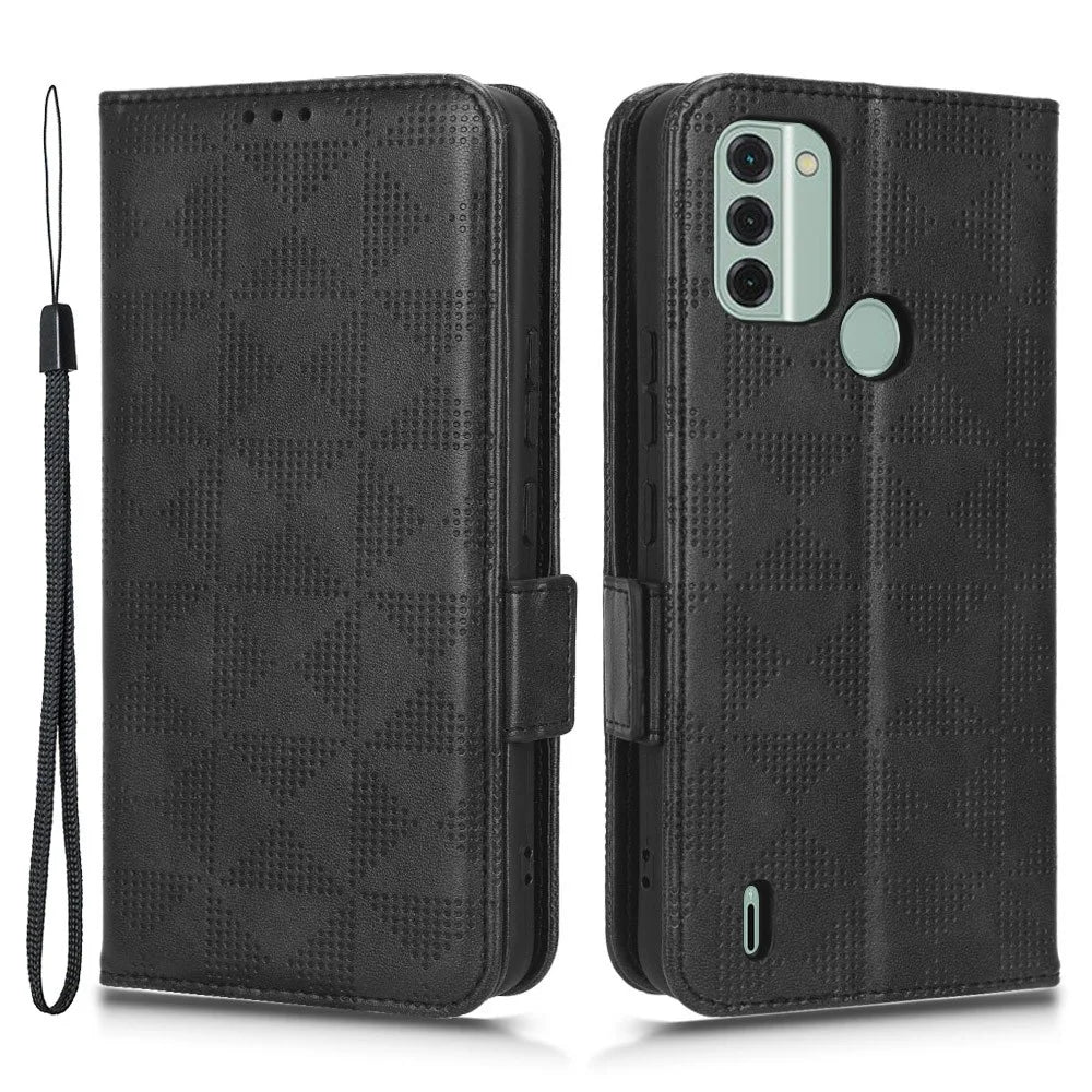 For Nokia C31 4G PU Leather Wallet Flip Protective Phone Case Imprinted Triangle Pattern Stand Cover with Wrist Strap - Black - 1