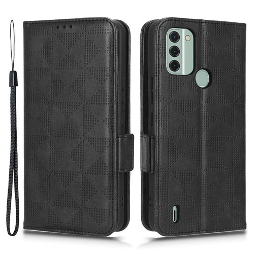 For Nokia C31 4G PU Leather Wallet Flip Protective Phone Case Imprinted Triangle Pattern Stand Cover with Wrist Strap - Black - 1