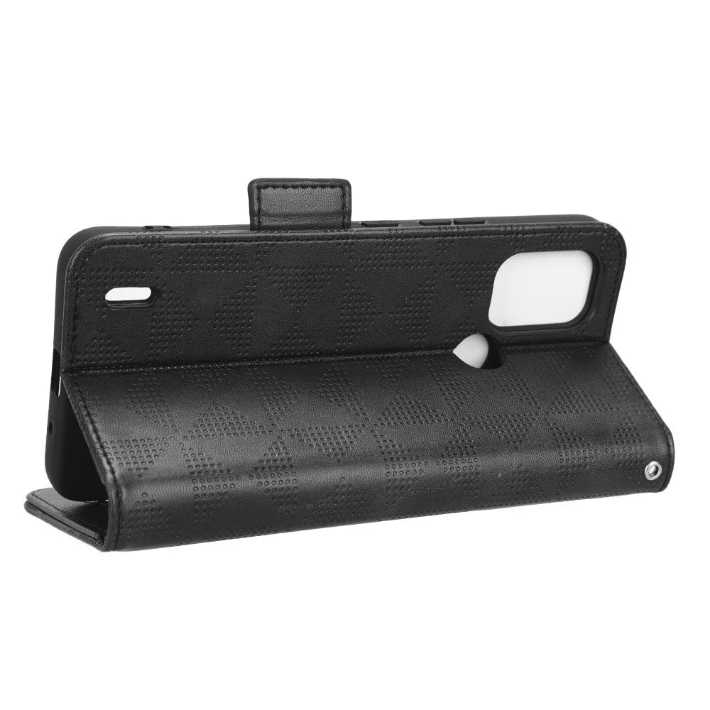 For Nokia C31 4G PU Leather Wallet Flip Protective Phone Case Imprinted Triangle Pattern Stand Cover with Wrist Strap - Black - 3