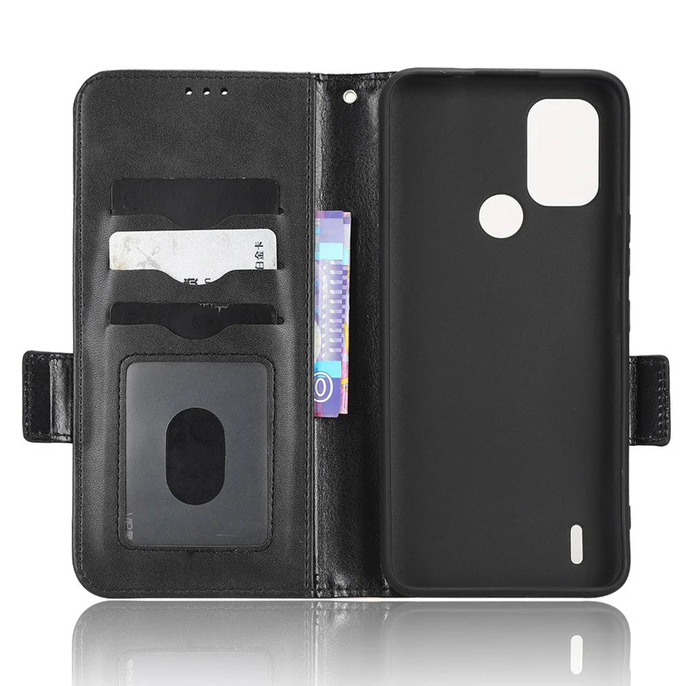 For Nokia C31 4G PU Leather Wallet Flip Protective Phone Case Imprinted Triangle Pattern Stand Cover with Wrist Strap - Black - 4