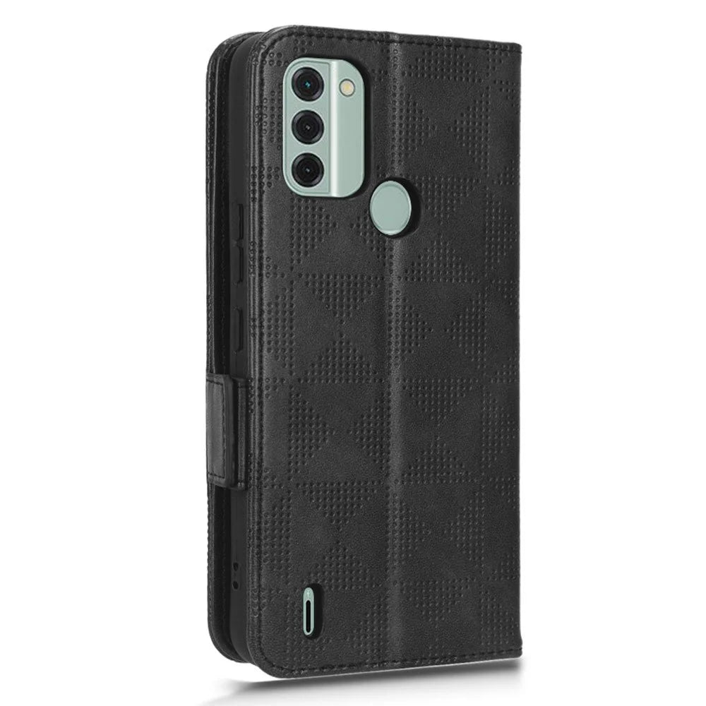 For Nokia C31 4G PU Leather Wallet Flip Protective Phone Case Imprinted Triangle Pattern Stand Cover with Wrist Strap - Black - 6