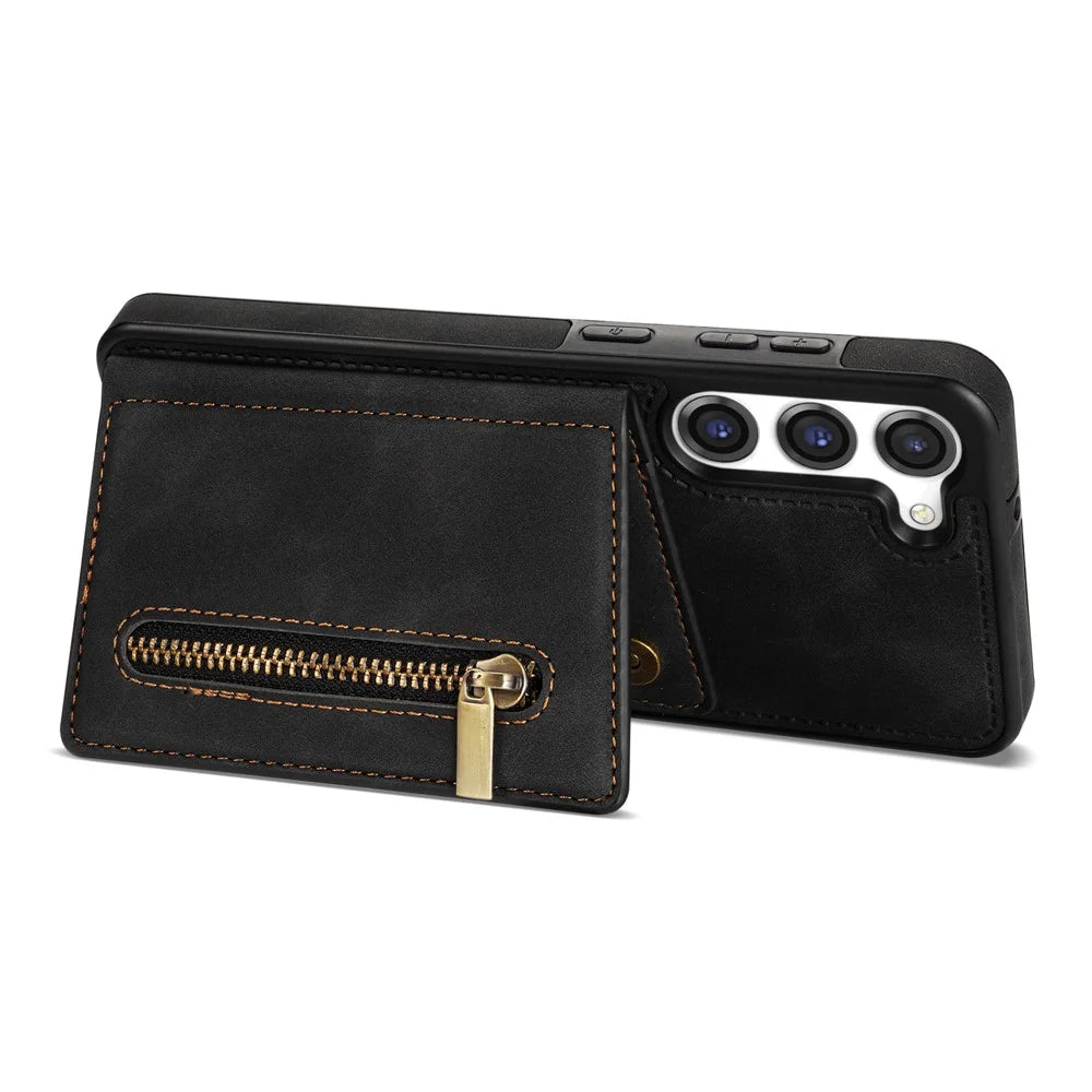 For Samsung Galaxy S23 PU Leather Coated TPU Case with Zipper Pocket Wallet Kickstand Anti-drop Phone Cover Shell - Black - 3