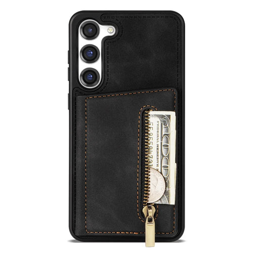 For Samsung Galaxy S23+ Zipper Pocket PU Leather Coated TPU Case Kickstand Wallet Phone Cover - Black - 1